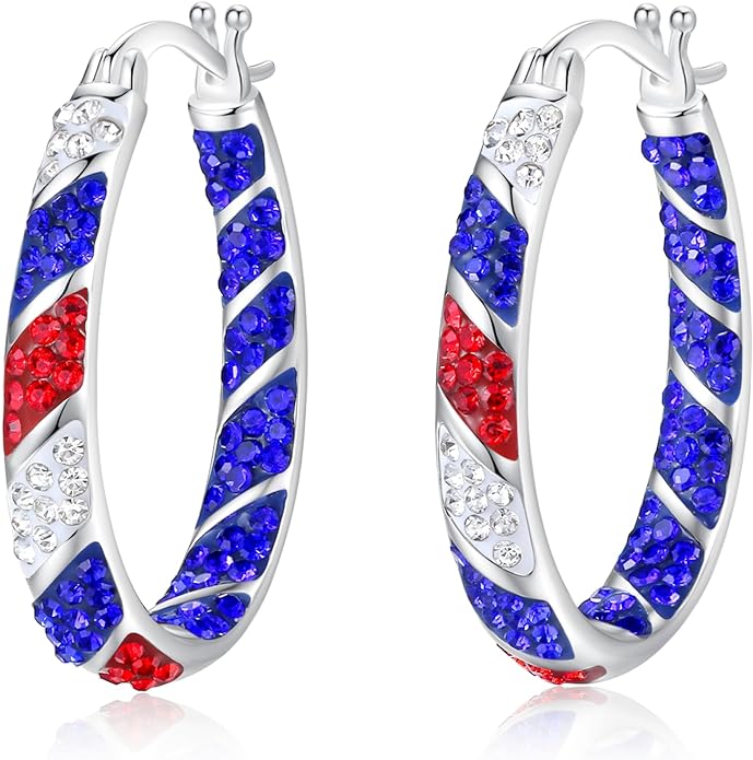 Patriotic USA Gold Star Charms with Red White and Blue Clay Bead On Lever Back Hoop Earrings, 2.5